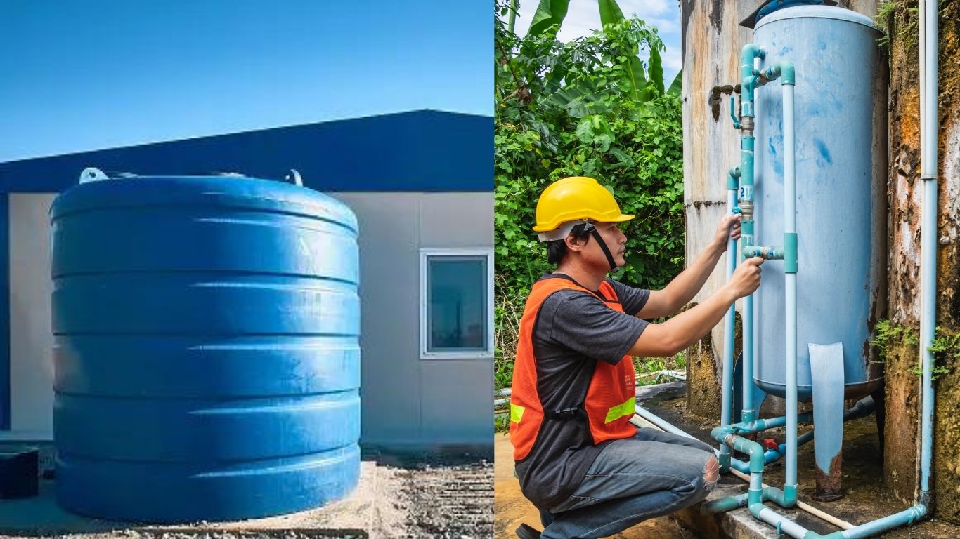 Water storage tank and fitting